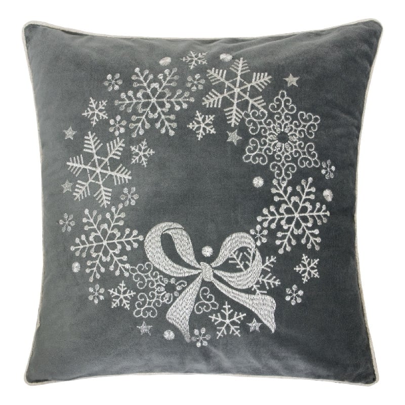 Rola Square Throw Pillow- Snowflake Wreath Embroidery- Gray Velvet 20 Inch