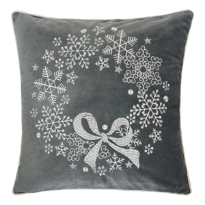 Rola Square Throw Pillow- Snowflake Wreath Embroidery- Gray Velvet 20 Inch