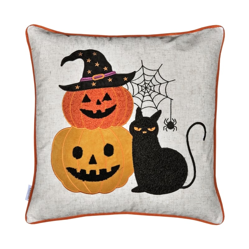 Square Throw Pillow- Cat and Pumpkin Stack- Ivory Linen-Like Fabric 20 Inch