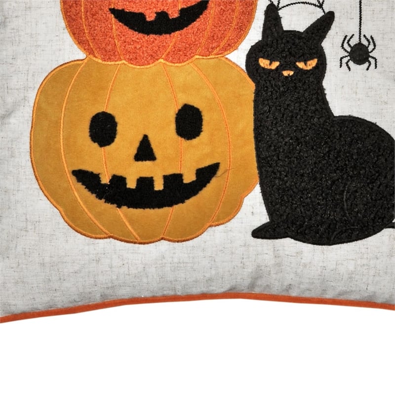 Square Throw Pillow- Cat and Pumpkin Stack- Ivory Linen-Like Fabric 20 Inch