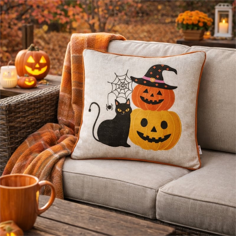 Square Throw Pillow- Cat and Pumpkin Stack- Ivory Linen-Like Fabric 20 Inch