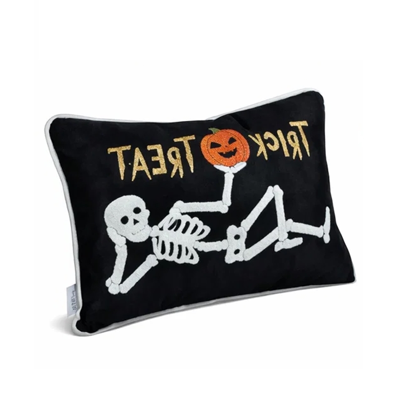 Teya Lumbar Pillow- Skeleton Embroidery- Trick or Treat Black Velvet 14x20
