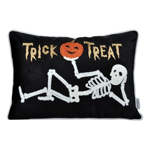 Teya Lumbar Pillow- Skeleton Embroidery- Trick or Treat Black Velvet 14x20