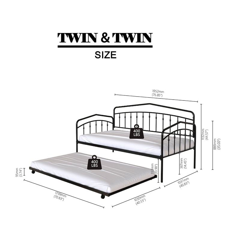 Fea Twin Size Daybed with Pull Out Twin Trundle- Black Metal Frame