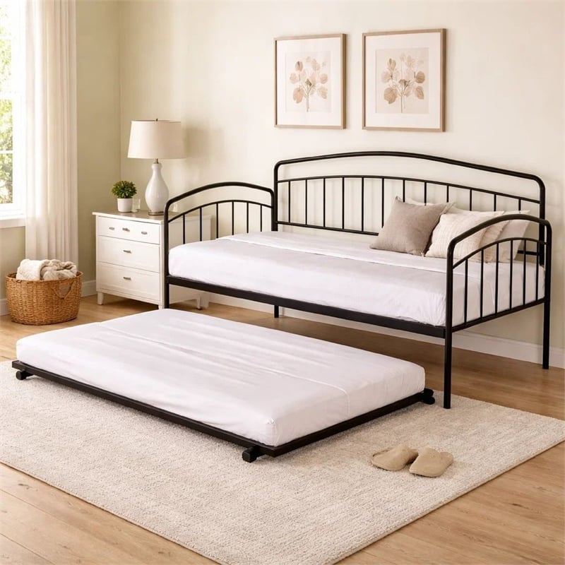 Fea Twin Size Daybed with Pull Out Twin Trundle- Black Metal Frame