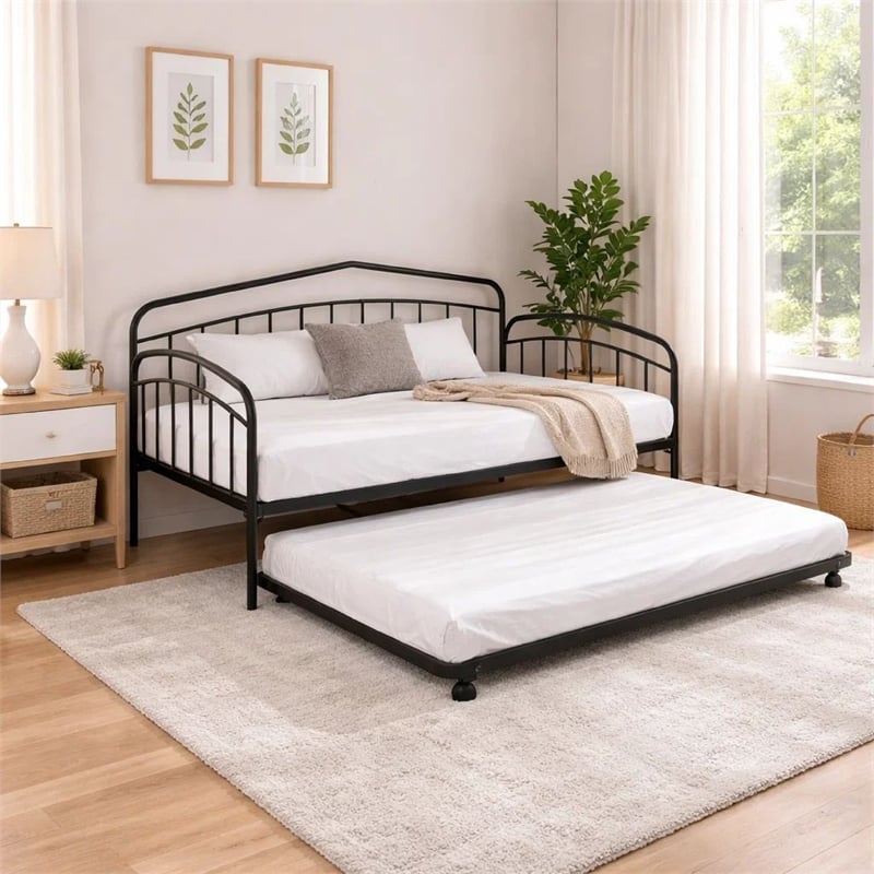 Fea Twin Size Daybed with Pull Out Twin Trundle- Black Metal Frame