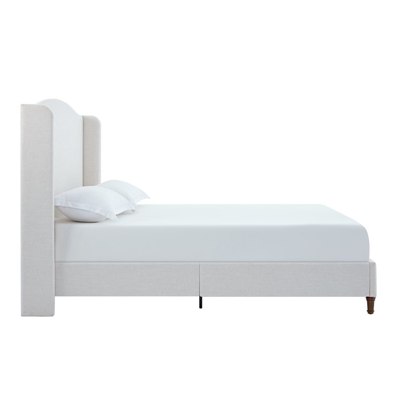 Heny King Size Bed with Wingback Tall Headboard- Ivory Fabric Upholstery