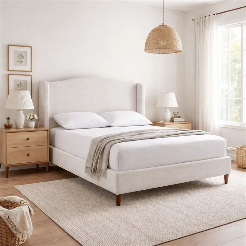 Heny King Size Bed with Wingback Tall Headboard- Ivory Fabric Upholstery