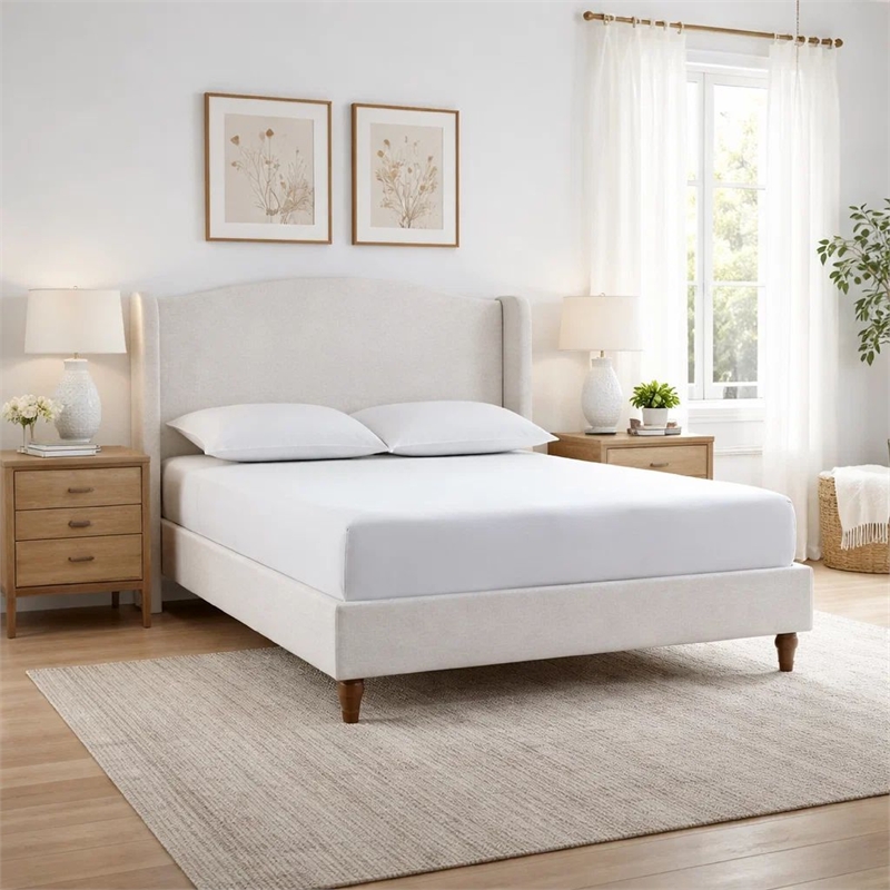 Heny King Size Bed with Wingback Tall Headboard- Ivory Fabric Upholstery