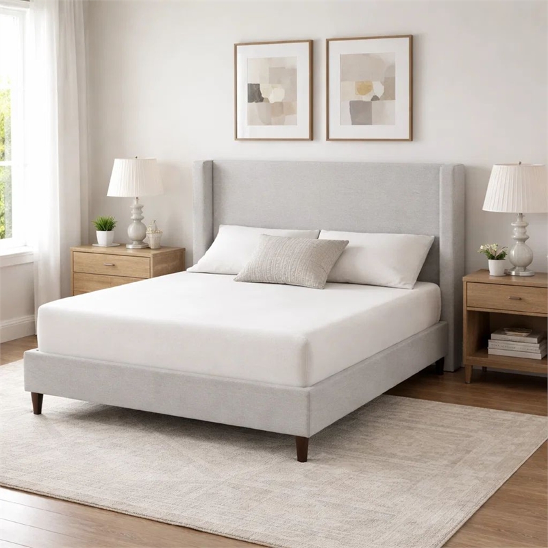 Heny Queen Size Bed with Wingback Tall Headboard- Ivory Fabric Upholstery
