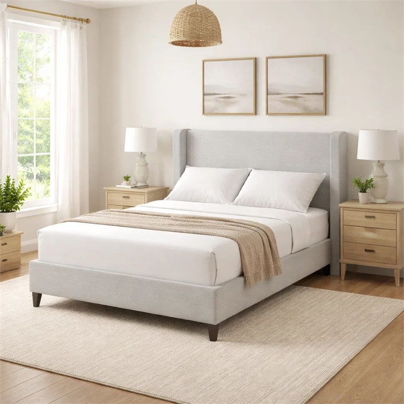 Heny Queen Size Bed with Wingback Tall Headboard- Ivory Fabric Upholstery