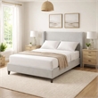 Heny Queen Size Bed with Wingback Tall Headboard- Ivory Fabric Upholstery
