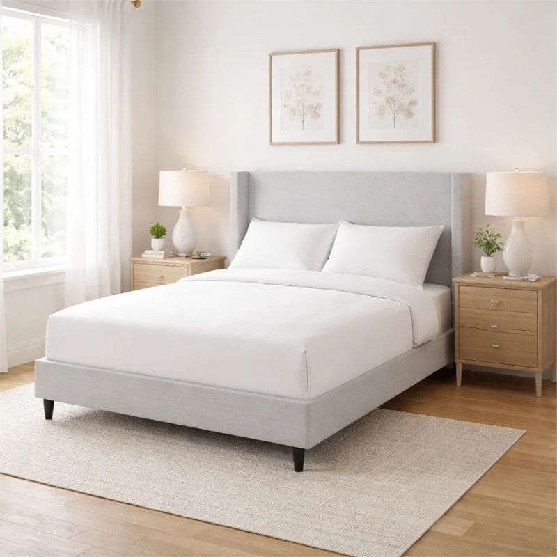 Heny Queen Size Bed with Wingback Tall Headboard- Ivory Fabric Upholstery