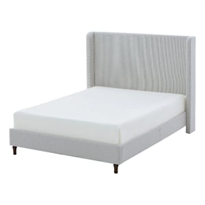 Heny Queen Size Bed with Wingback Tall Headboard- Ivory Fabric Upholstery