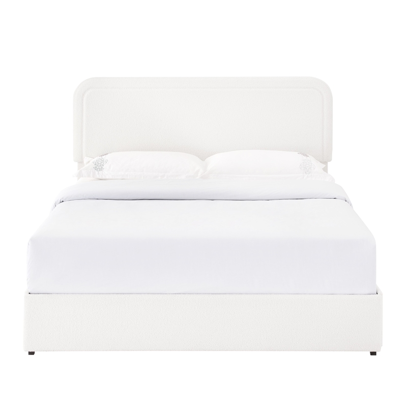 Lez Queen Size Platform Bed with 4 Storage Drawers- Ivory Boucle Upholstery