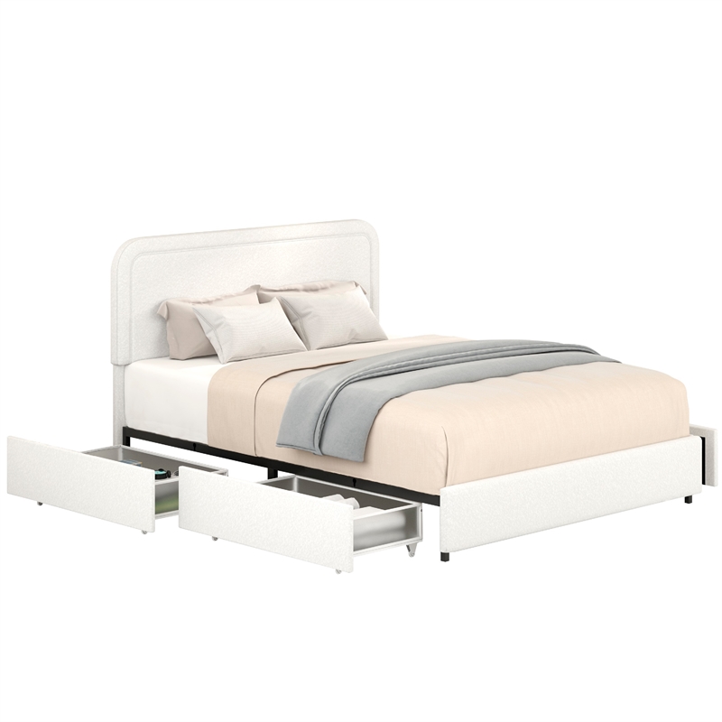 Lez Queen Size Platform Bed with 4 Storage Drawers- Ivory Boucle Upholstery