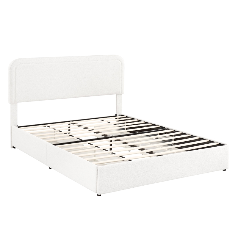 Lez Queen Size Platform Bed with 4 Storage Drawers- Ivory Boucle Upholstery