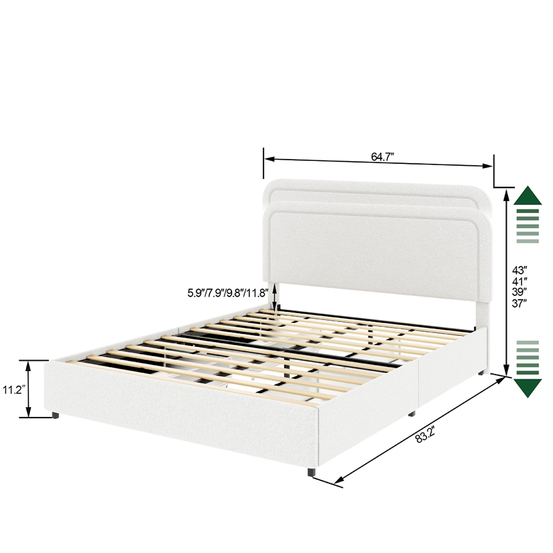 Lez Queen Size Platform Bed with 4 Storage Drawers- Ivory Boucle Upholstery