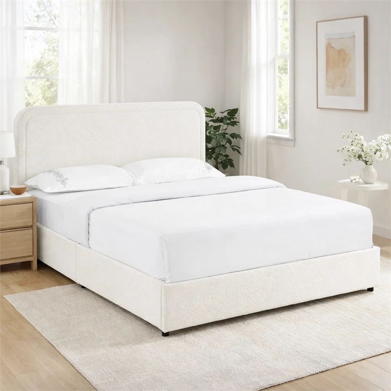 Lez Queen Size Platform Bed with 4 Storage Drawers- Ivory Boucle Upholstery