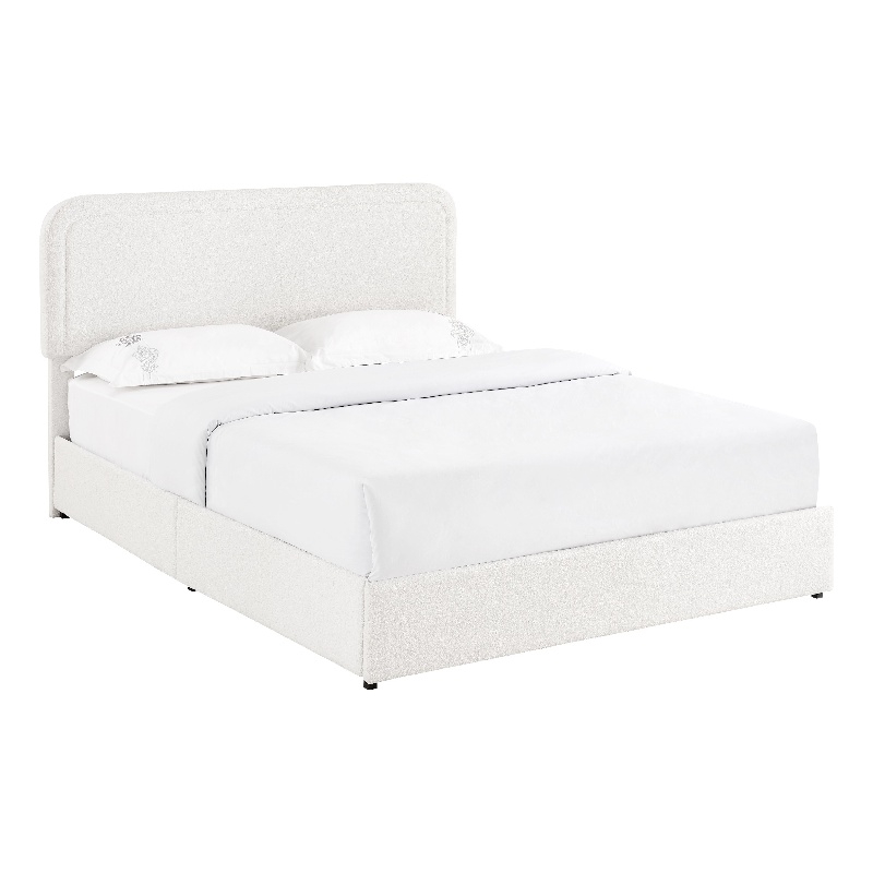Lez Queen Size Platform Bed with 4 Storage Drawers- Ivory Boucle Upholstery