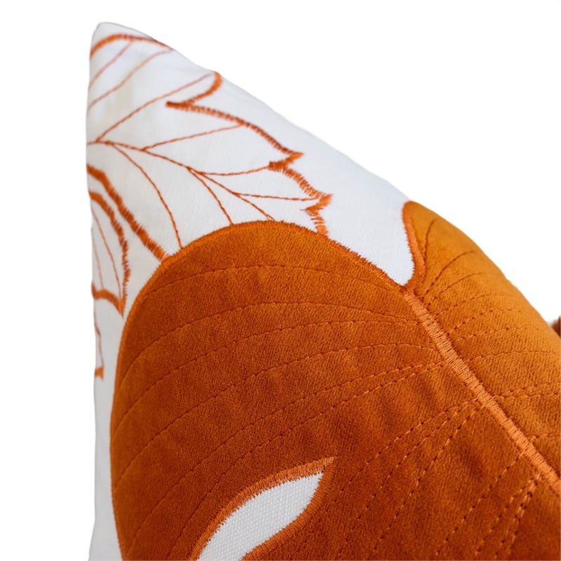 Lefy Accent Pillow- Orange Autumn Leaf Design on White Velvet- 20 Inch Square