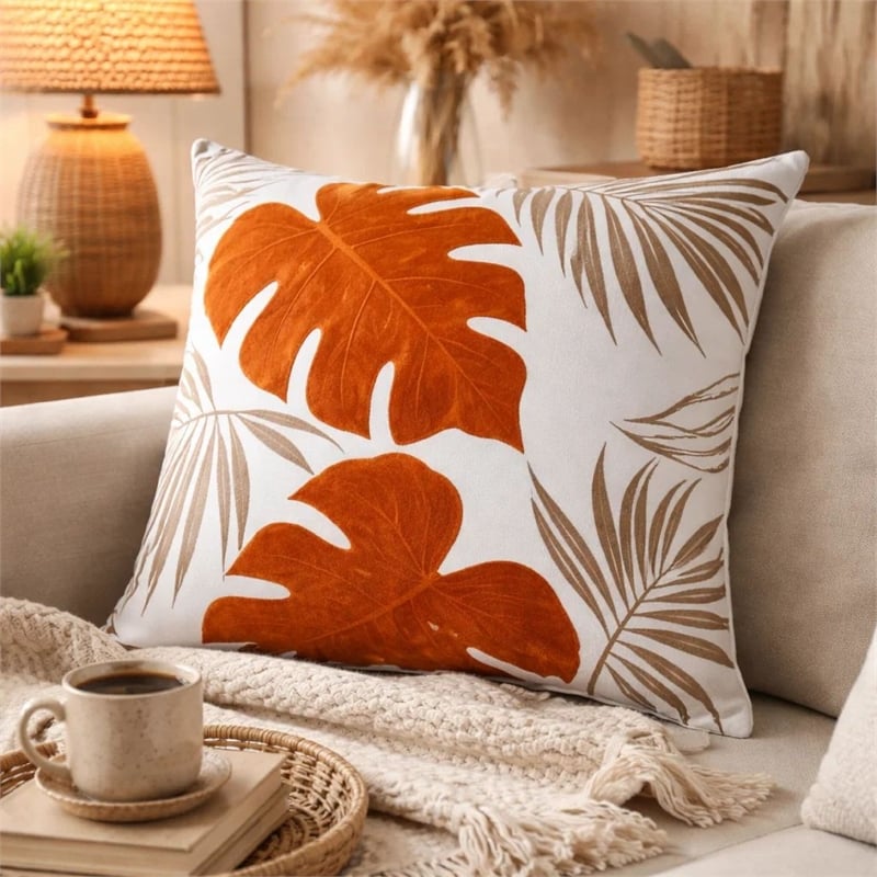 Lefy Accent Pillow- Orange Autumn Leaf Design on White Velvet- 20 Inch Square