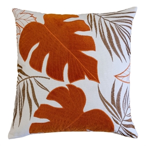 Lefy Accent Pillow- Orange Autumn Leaf Design on White Velvet- 20 Inch Square