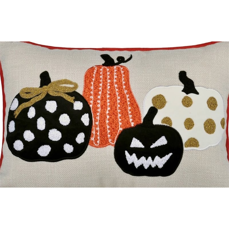 Lumbar Throw Pillow Cover- Hallow Pumpkin Embroidered- Black Linen 14x20