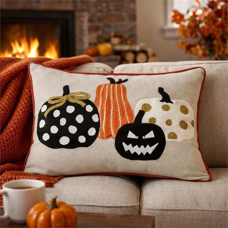 Lumbar Throw Pillow Cover- Hallow Pumpkin Embroidered- Black Linen 14x20