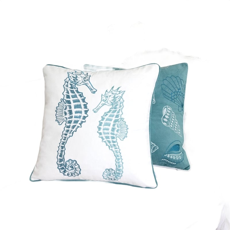 Meo Throw Pillow- Embroidered Seahorse- White Blue Velvet- 20 Inch Square