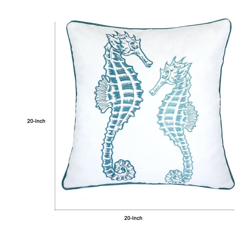 Meo Throw Pillow- Embroidered Seahorse- White Blue Velvet- 20 Inch Square