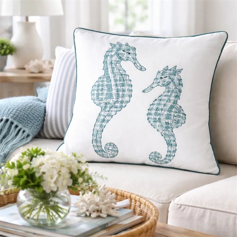 Meo Throw Pillow- Embroidered Seahorse- White Blue Velvet- 20 Inch Square