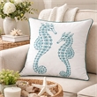 Meo Throw Pillow- Embroidered Seahorse- White Blue Velvet- 20 Inch Square