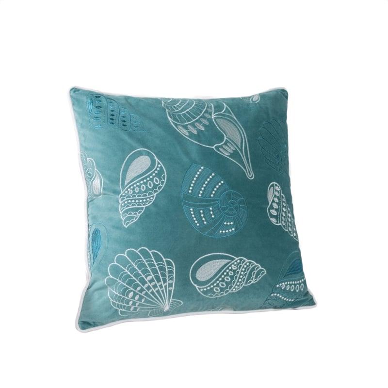 Meo Throw Pillow- Embroidered Seashell Pattern Blue Velvet- 20 Inch Square