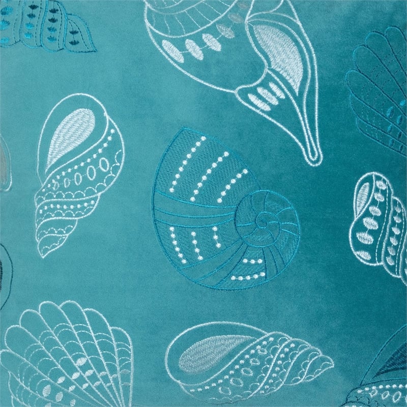 Meo Throw Pillow- Embroidered Seashell Pattern Blue Velvet- 20 Inch Square
