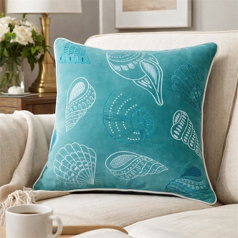Meo Throw Pillow- Embroidered Seashell Pattern Blue Velvet- 20 Inch Square