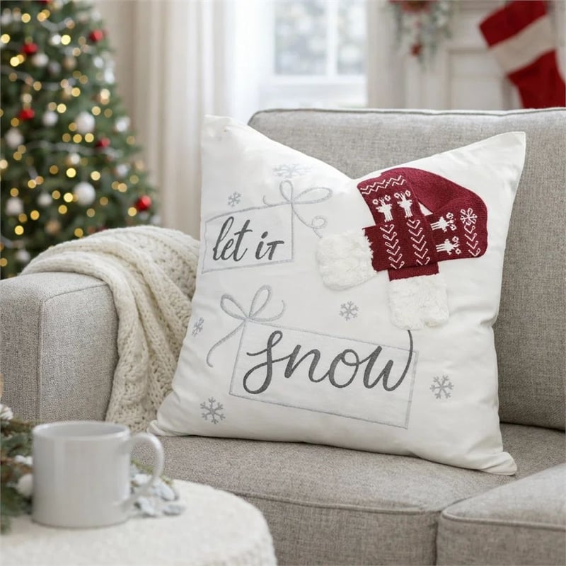 Throw Pillow Cover- Let It Snow Christmas Red Knit Hat- 20 Inch Square
