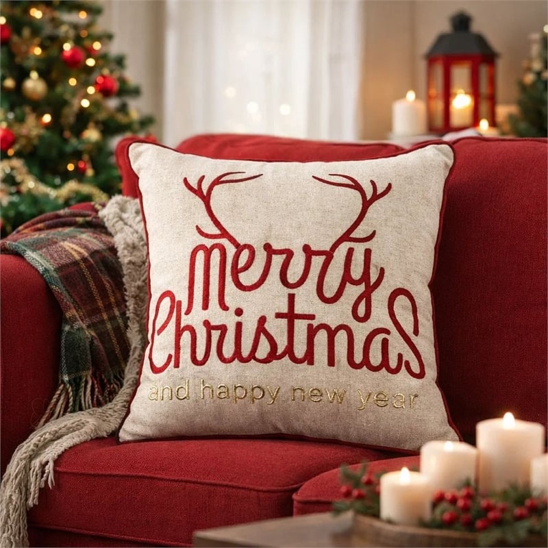 Throw Pillow Cover- Merry Christmas- Red with Gold Accents- 20 Inch Square