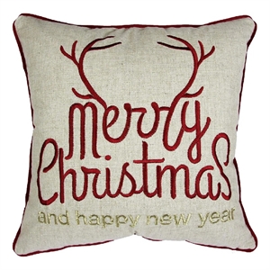 Throw Pillow Cover- Merry Christmas- Red with Gold Accents- 20 Inch Square