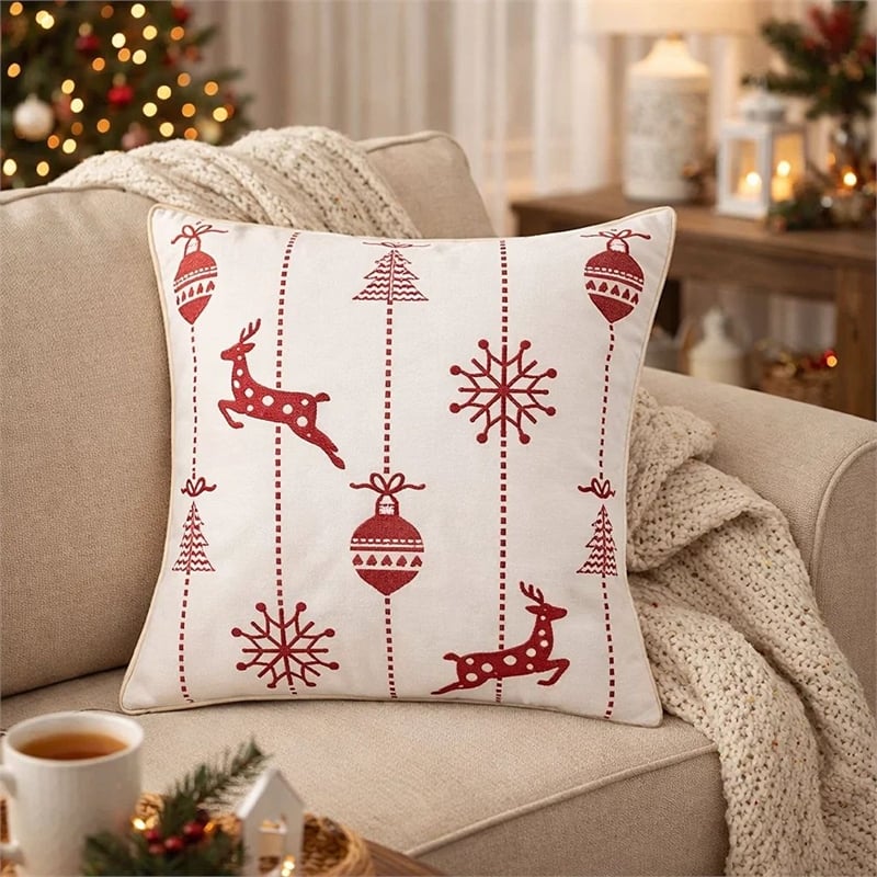 Throw Pillow Cover- Red Embroidered Reindeer and Snowflakes- 20 Inch Square