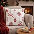 Throw Pillow Cover- Red Embroidered Reindeer and Snowflakes- 20 Inch Square