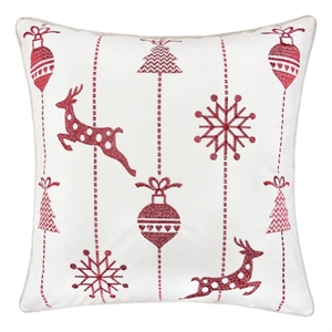 Throw Pillow Cover- Red Embroidered Reindeer and Snowflakes- 20 Inch Square