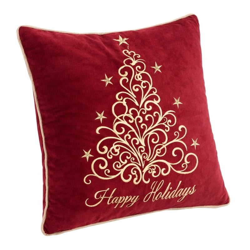 Aure Square Throw Pillow- Happy Holidays Embroidery- Red Velvet 20 Inch