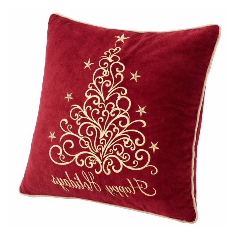 Aure Square Throw Pillow- Happy Holidays Embroidery- Red Velvet 20 Inch