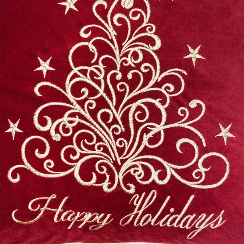 Aure Square Throw Pillow- Happy Holidays Embroidery- Red Velvet 20 Inch