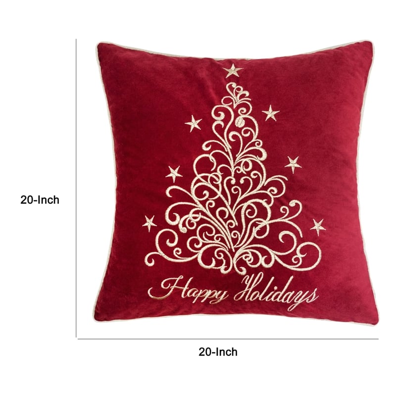 Aure Square Throw Pillow- Happy Holidays Embroidery- Red Velvet 20 Inch