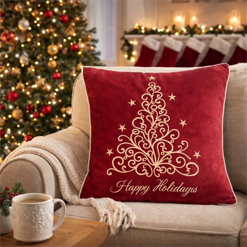 Aure Square Throw Pillow- Happy Holidays Embroidery- Red Velvet 20 Inch