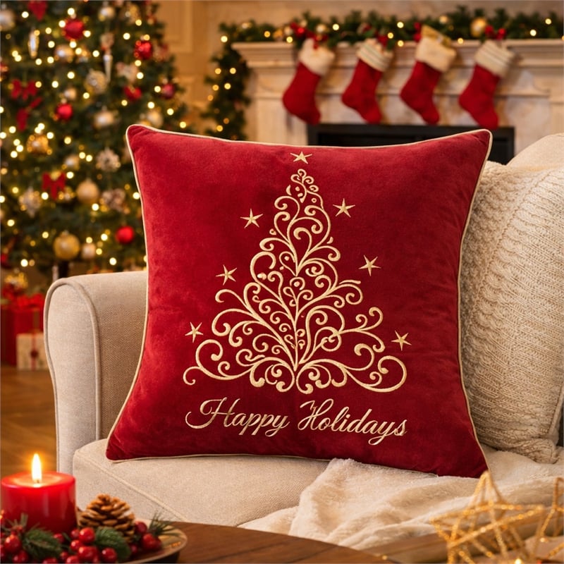 Aure Square Throw Pillow- Happy Holidays Embroidery- Red Velvet 20 Inch