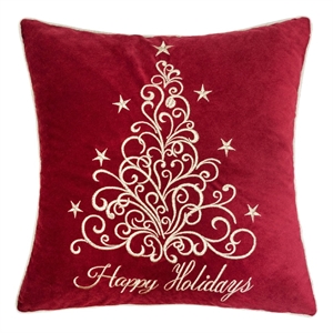 Aure Square Throw Pillow- Happy Holidays Embroidery- Red Velvet 20 Inch