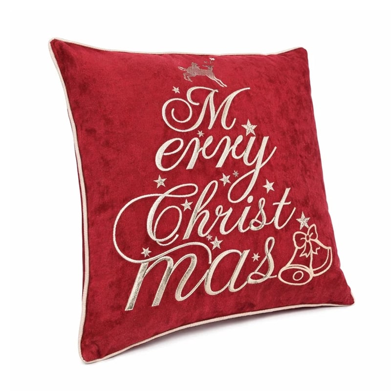 Aure Square Throw Pillow- Merry Christmas Embroidery- Red Velvet 20 Inch